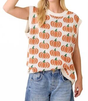 NEW MAIN STRIP pumpkin print sleeveless sweater knit top in ivory/orange
